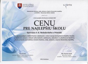 Gymnázium V.B. Nedožerského bolo ocenené ministerstvom